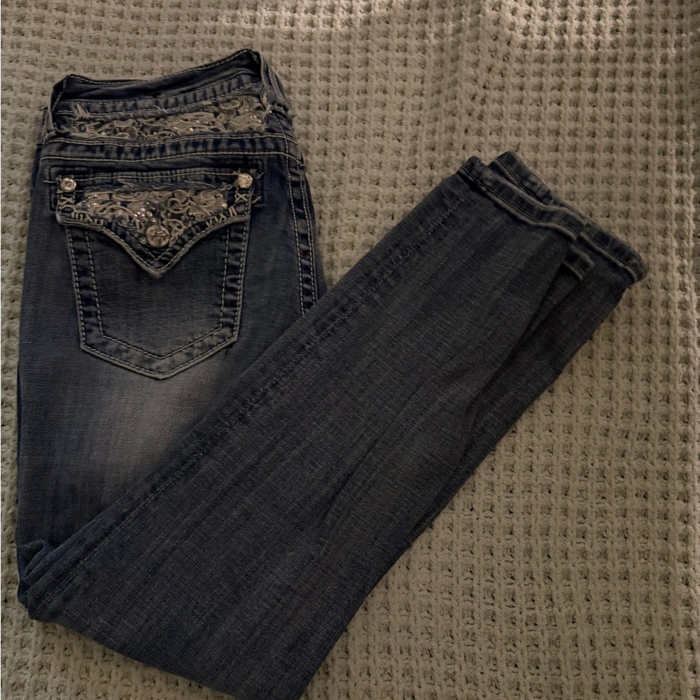Blue Skinny Jeans with Rhinestone Embellishments